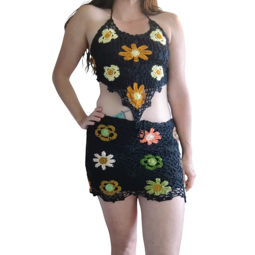 Handmade Crochet Halter Top Mini Skirt Set 2 Piece Size XS/S Festival Coachella